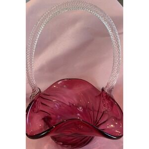 Vintage Cranberry Art Glass Basket-twisted Swirl Optic Kanawha/pilgram Style